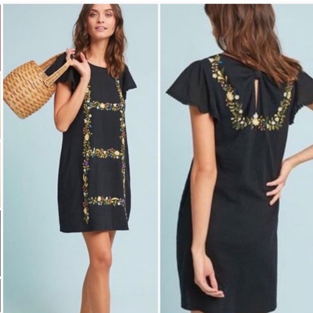 Ranna Gill Black Embroidered Floral Shift Dress
